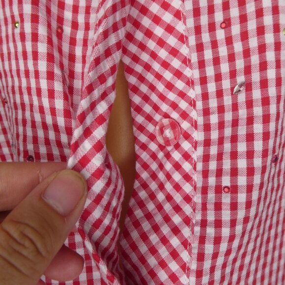 Quacker Factory Seersucker Tab Sleeve Blouse Plaid Rhinestones Sparkly Rainbow - Picture 9 of 11